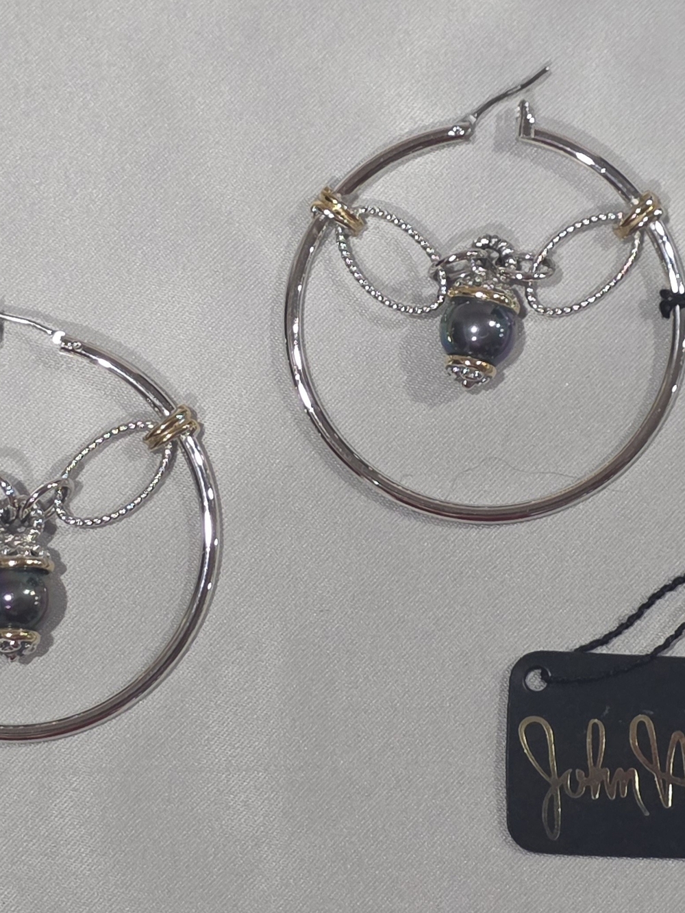 John Medeiros Two-Tone Sispended Dark Peacock Pearl Dangle Hoop Earings (NWT)